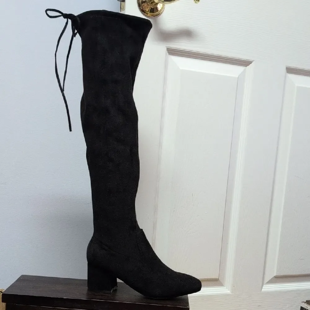 Sugar Ollie Black Over-the-Knee FabricSuede Pull Tie Top Lower Zipper Boots Sz8M